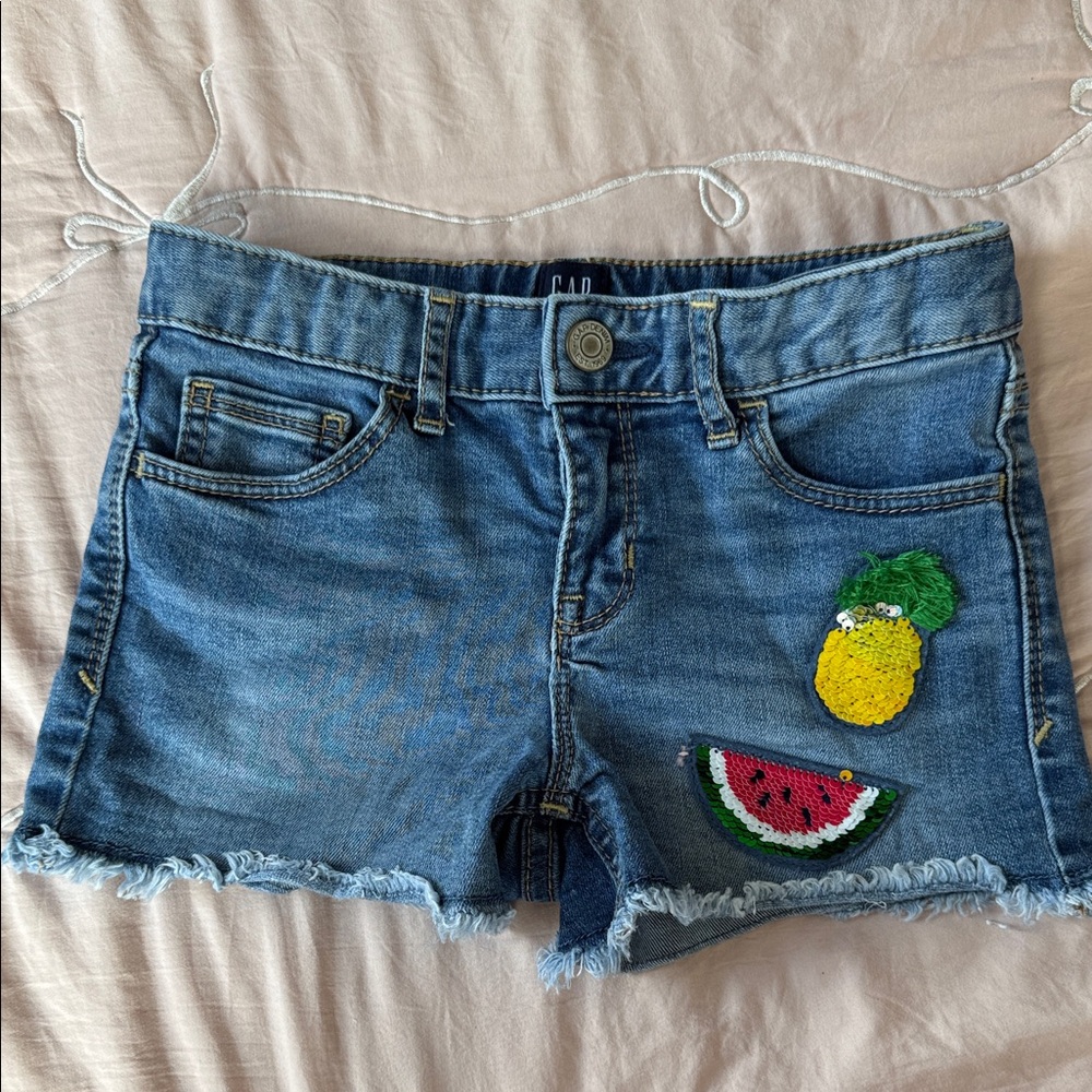 GAP Blue Denim Girls' Shorts with Pineapple & Watermelon Patches - Picture 1 of 2